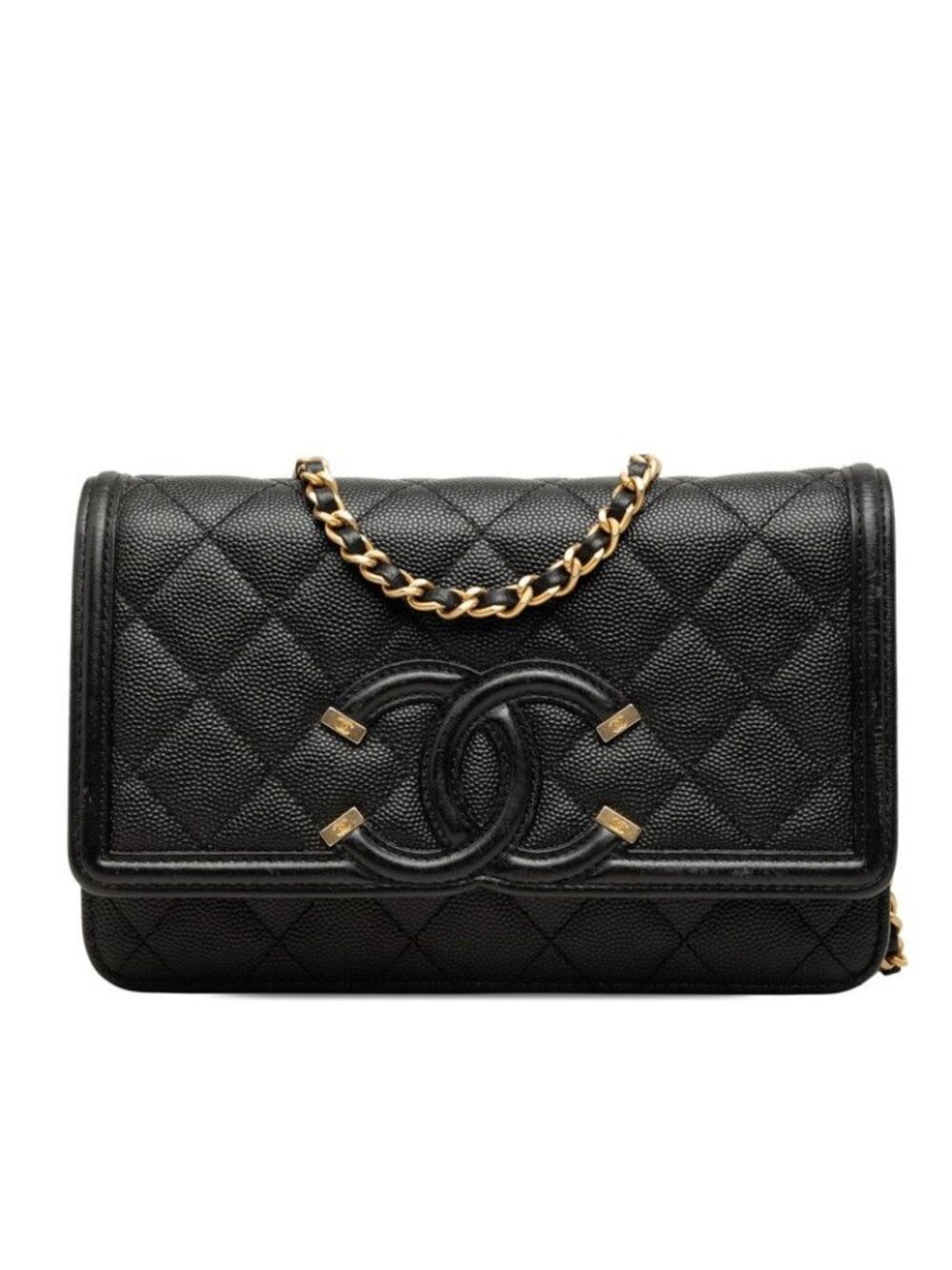 Chanel CC Filigree CC Logo Chain Shoulder Bag Wallet Black Caviar Leather